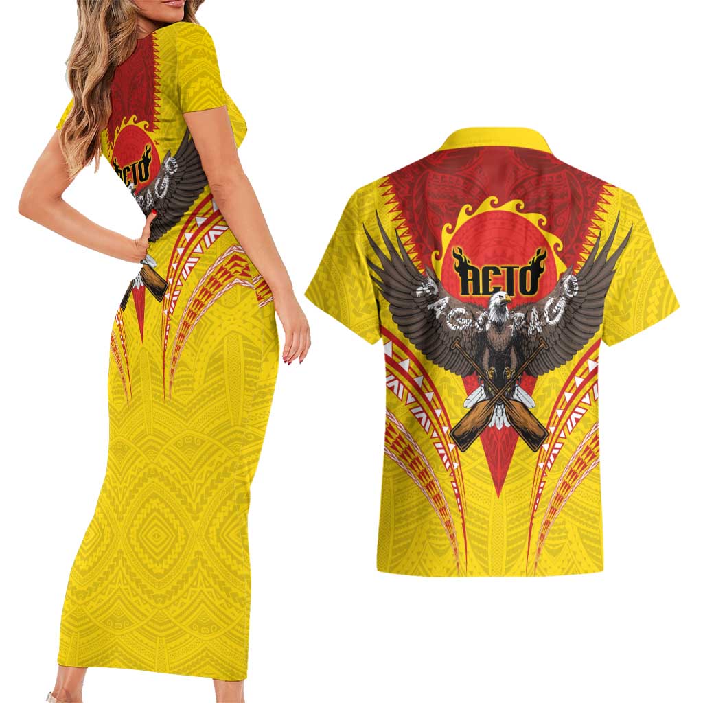 American Samoa Fautasi Race Couples Matching Short Sleeve Bodycon Dress and Hawaiian Shirt Pago Pago-Aeto Samoan Tattoo and Eagle