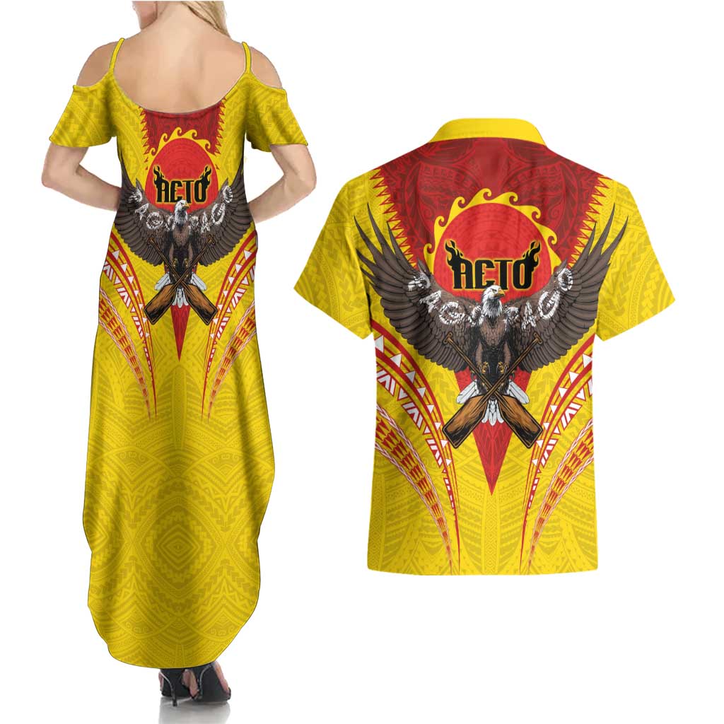 American Samoa Fautasi Race Couples Matching Summer Maxi Dress and Hawaiian Shirt Pago Pago-Aeto Samoan Tattoo and Eagle