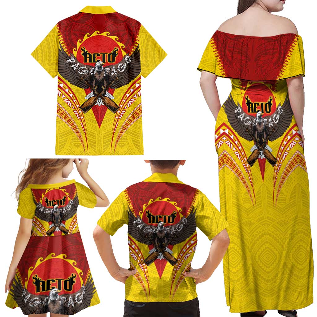 American Samoa Fautasi Race Family Matching Off Shoulder Maxi Dress and Hawaiian Shirt Pago Pago-Aeto Samoan Tattoo and Eagle