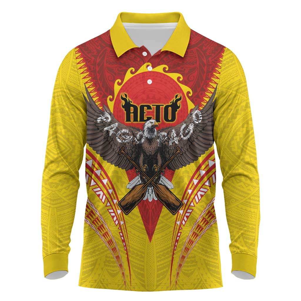 American Samoa Fautasi Race Long Sleeve Polo Shirt Pago Pago-Aeto Samoan Tattoo and Eagle LT03 Yellow - Polynesian Pride