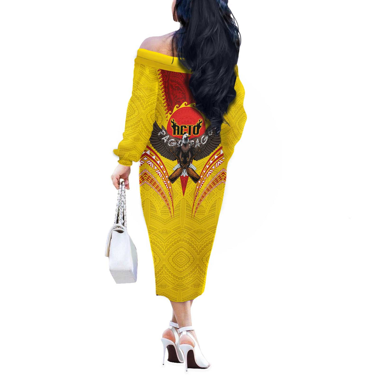 American Samoa Fautasi Race Off The Shoulder Long Sleeve Dress Pago Pago-Aeto Samoan Tattoo and Eagle LT03 - Polynesian Pride