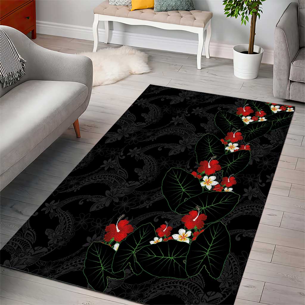 Hawaiian Taro Leaves-Hibiscus and Plumeria Area Rug Floral Tribal Tattoo Motif