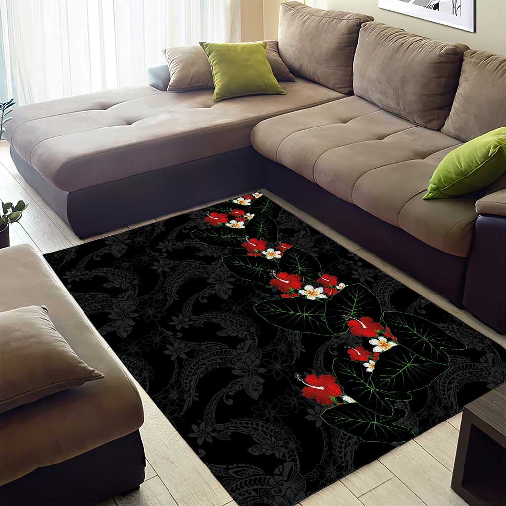 Hawaiian Taro Leaves-Hibiscus and Plumeria Area Rug Floral Tribal Tattoo Motif