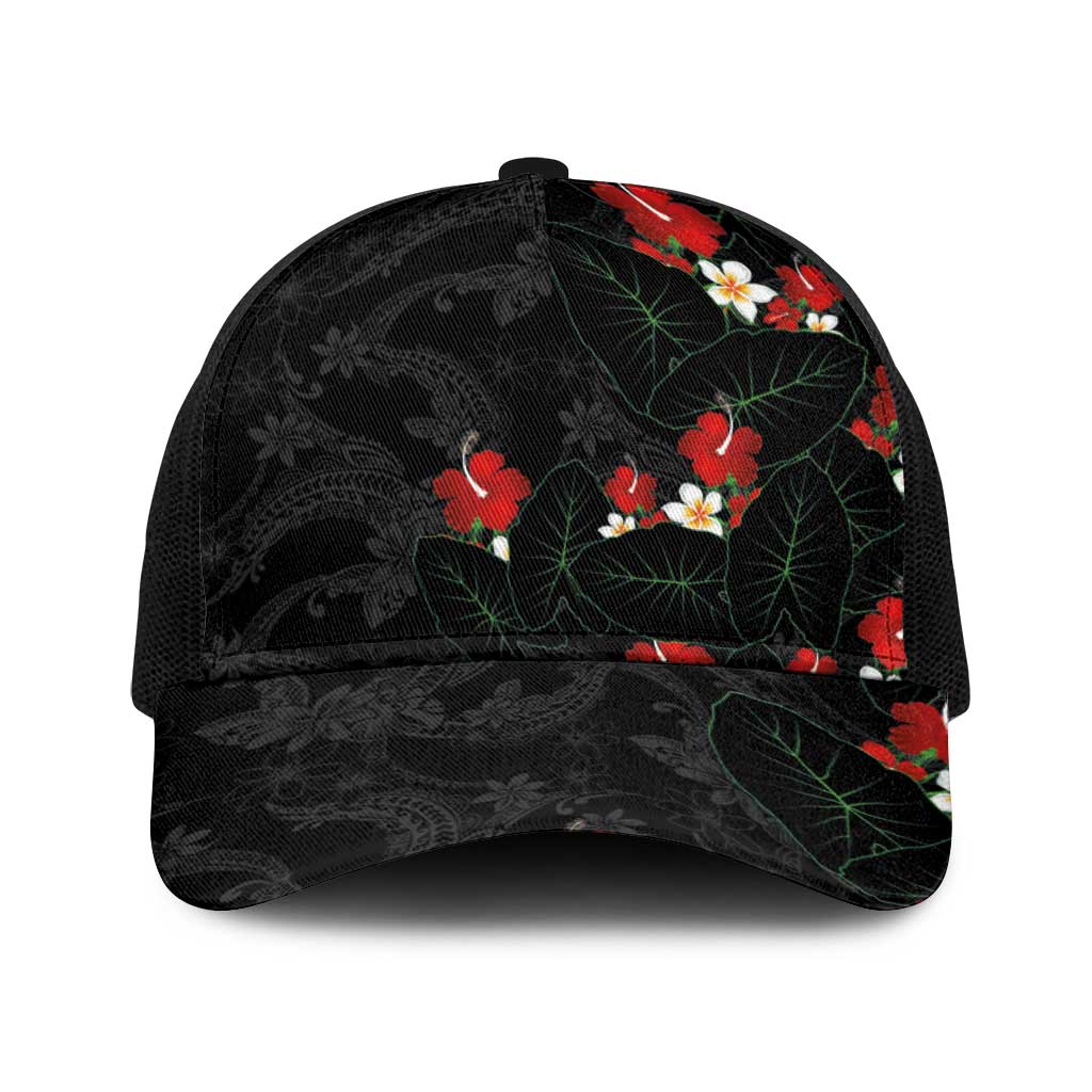 Hawaiian Taro Leaves-Hibiscus and Plumeria Baseball Net Cap Floral Tribal Tattoo Motif