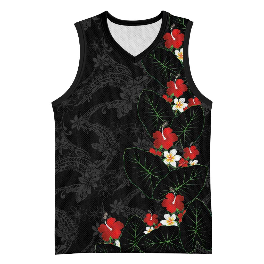 Hawaiian Taro Leaves-Hibiscus and Plumeria Basketball Jersey Floral Tribal Tattoo Motif