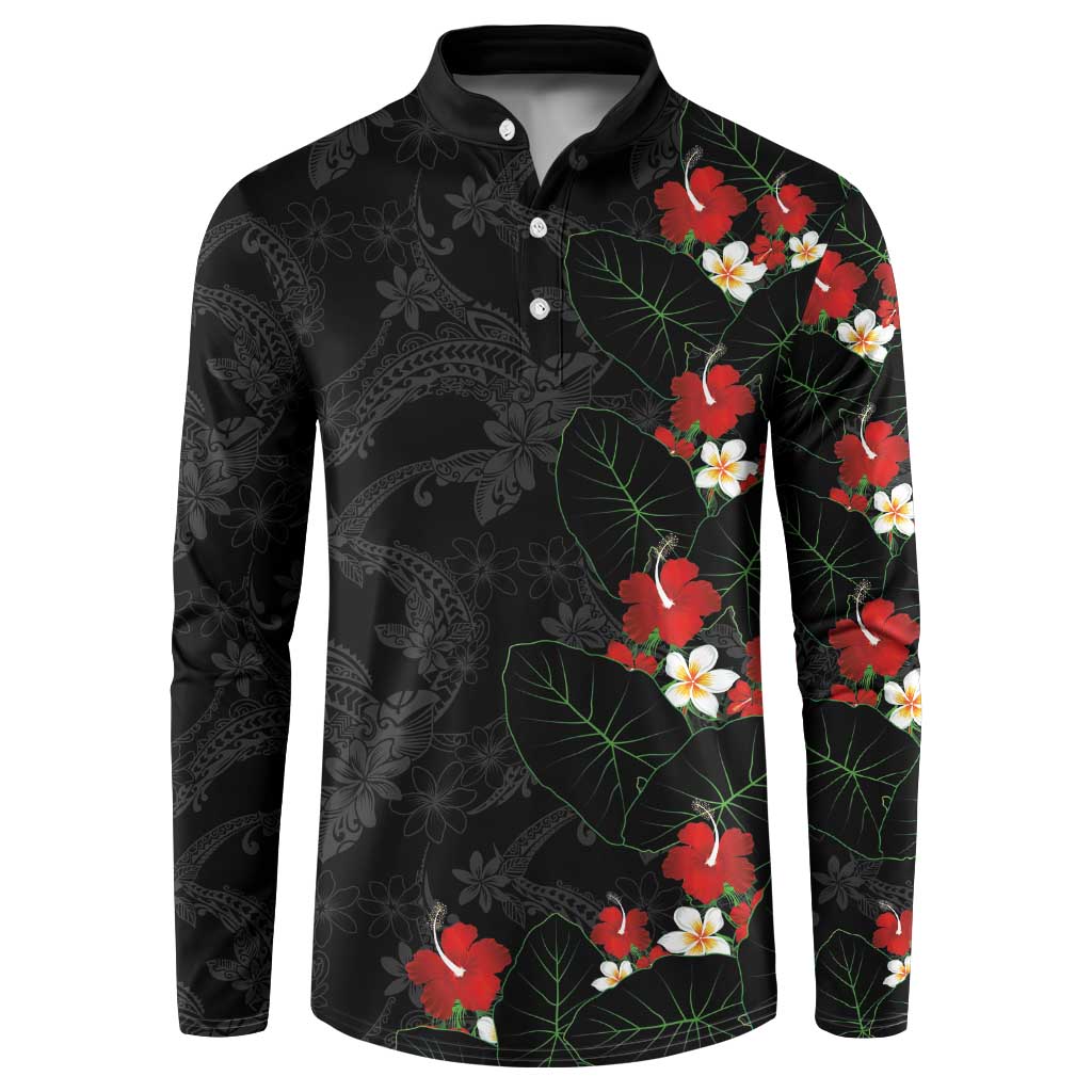 Hawaiian Taro Leaves-Hibiscus and Plumeria Button Sweatshirt Floral Tribal Tattoo Motif LT03 Black - Polynesian Pride