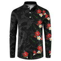 Hawaiian Taro Leaves-Hibiscus and Plumeria Button Sweatshirt Floral Tribal Tattoo Motif LT03 Black - Polynesian Pride