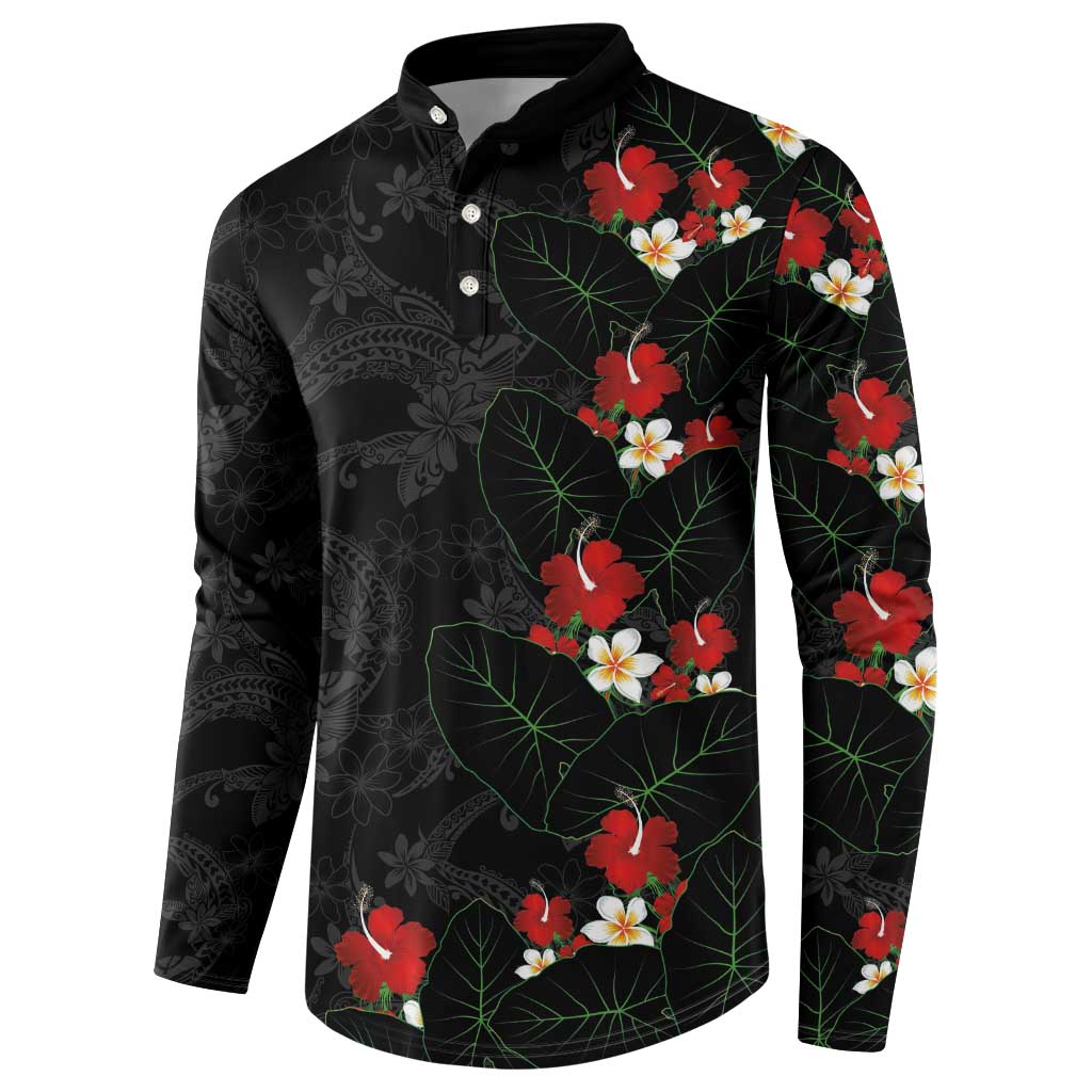 Hawaiian Taro Leaves-Hibiscus and Plumeria Button Sweatshirt Floral Tribal Tattoo Motif LT03 - Polynesian Pride