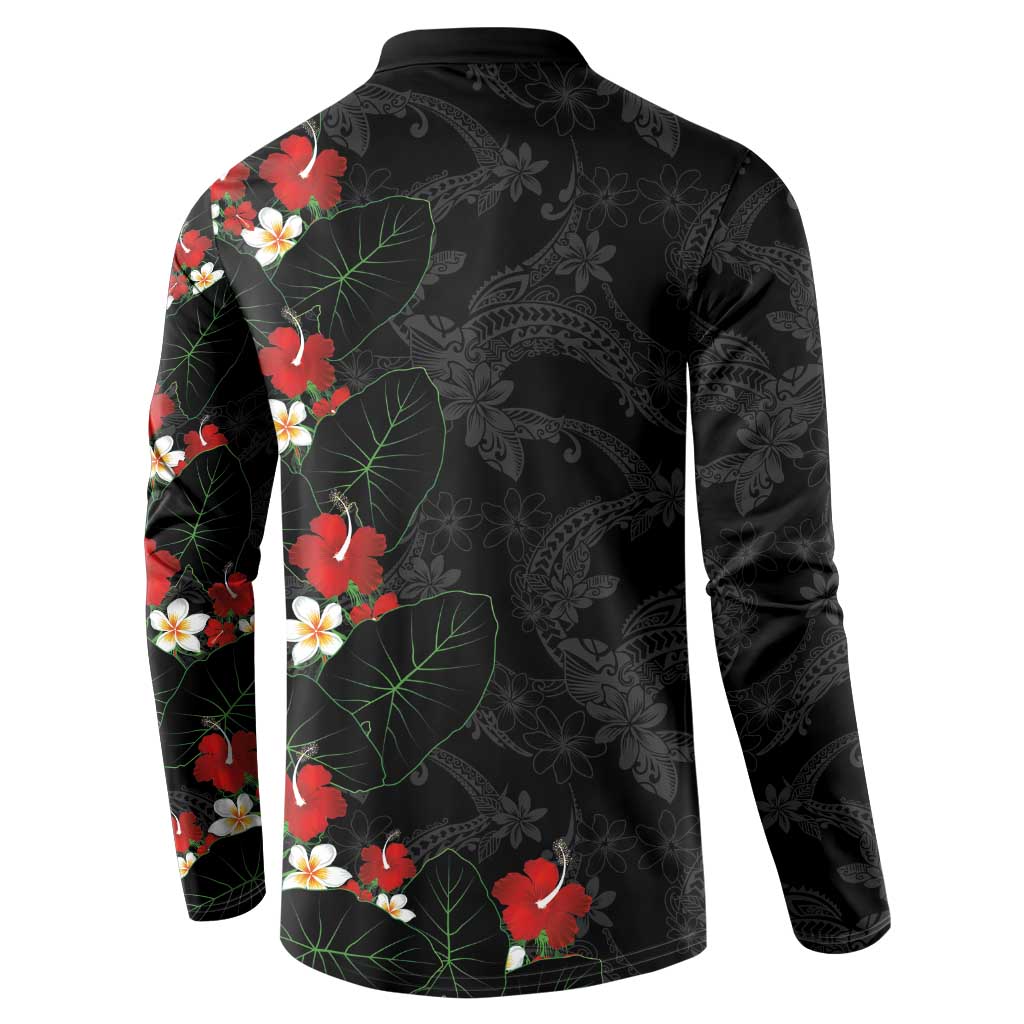 Hawaiian Taro Leaves-Hibiscus and Plumeria Button Sweatshirt Floral Tribal Tattoo Motif LT03 - Polynesian Pride