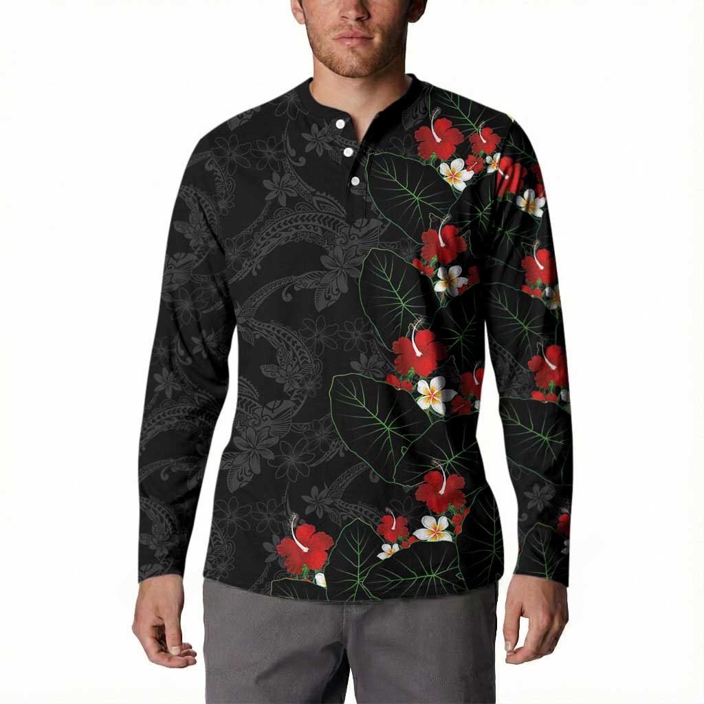 Hawaiian Taro Leaves-Hibiscus and Plumeria Button Sweatshirt Floral Tribal Tattoo Motif LT03 - Polynesian Pride