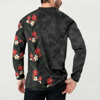 Hawaiian Taro Leaves-Hibiscus and Plumeria Button Sweatshirt Floral Tribal Tattoo Motif LT03 - Polynesian Pride