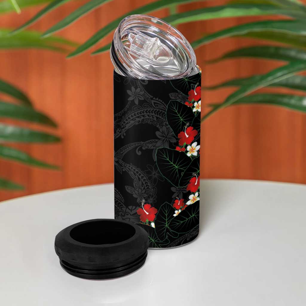 Hawaiian Taro Leaves-Hibiscus and Plumeria 4 in 1 Can Cooler Tumbler Floral Tribal Tattoo Motif