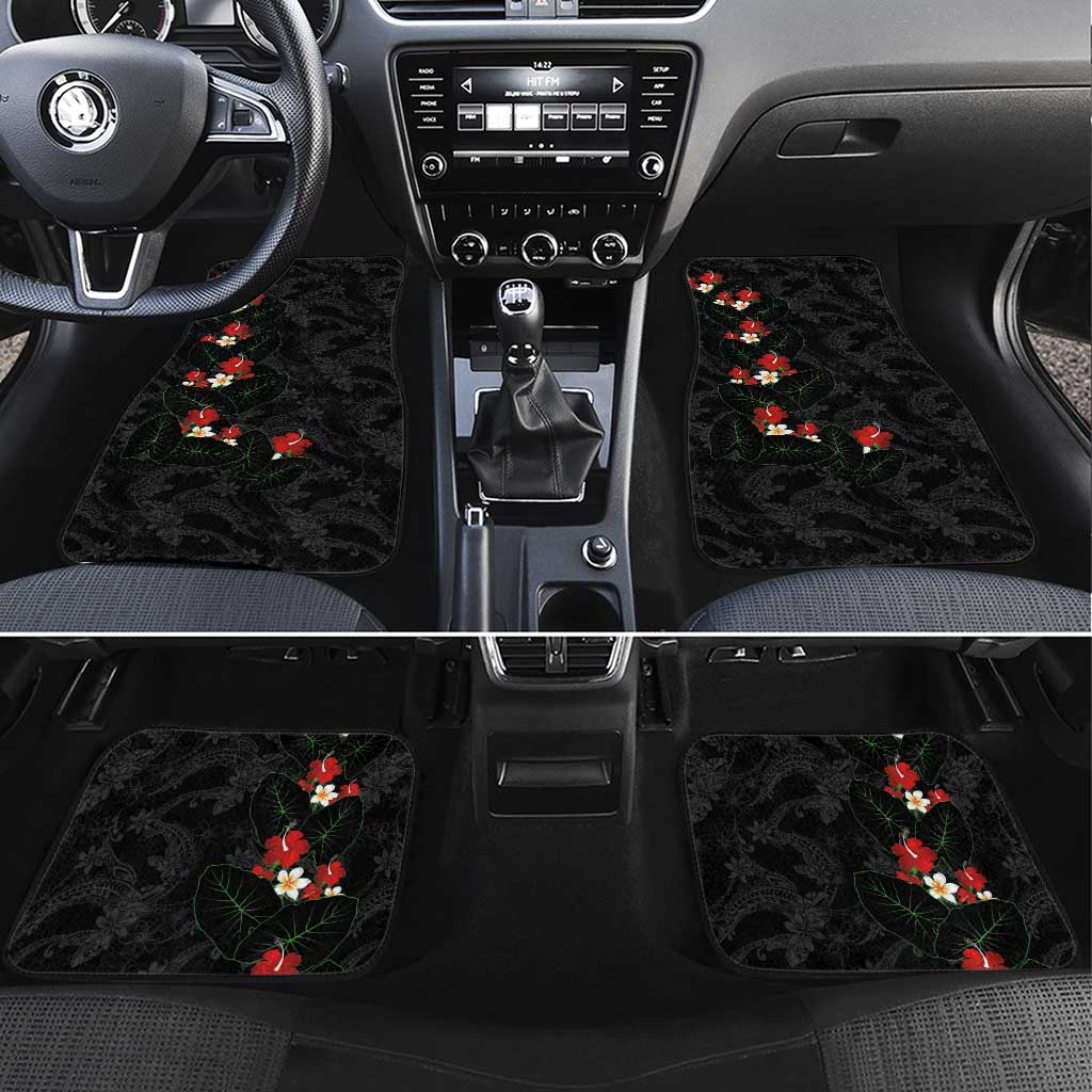 Hawaiian Taro Leaves-Hibiscus and Plumeria Car Mats Floral Tribal Tattoo Motif LT03 Set 4pcs Black - Polynesian Pride