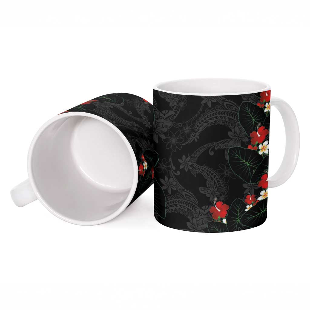 Hawaiian Taro Leaves-Hibiscus and Plumeria Ceramic Mug Floral Tribal Tattoo Motif LT03 - Polynesian Pride