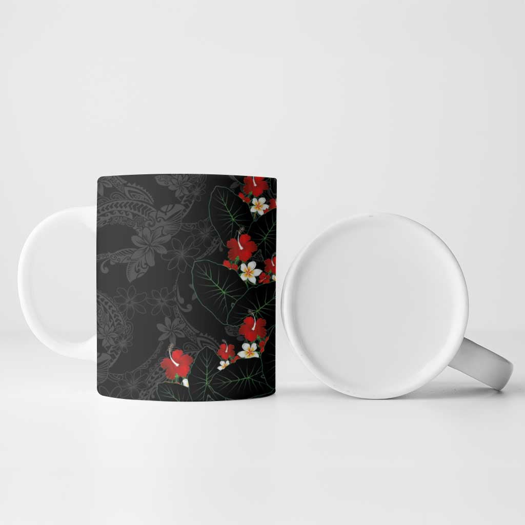 Hawaiian Taro Leaves-Hibiscus and Plumeria Ceramic Mug Floral Tribal Tattoo Motif LT03 - Polynesian Pride
