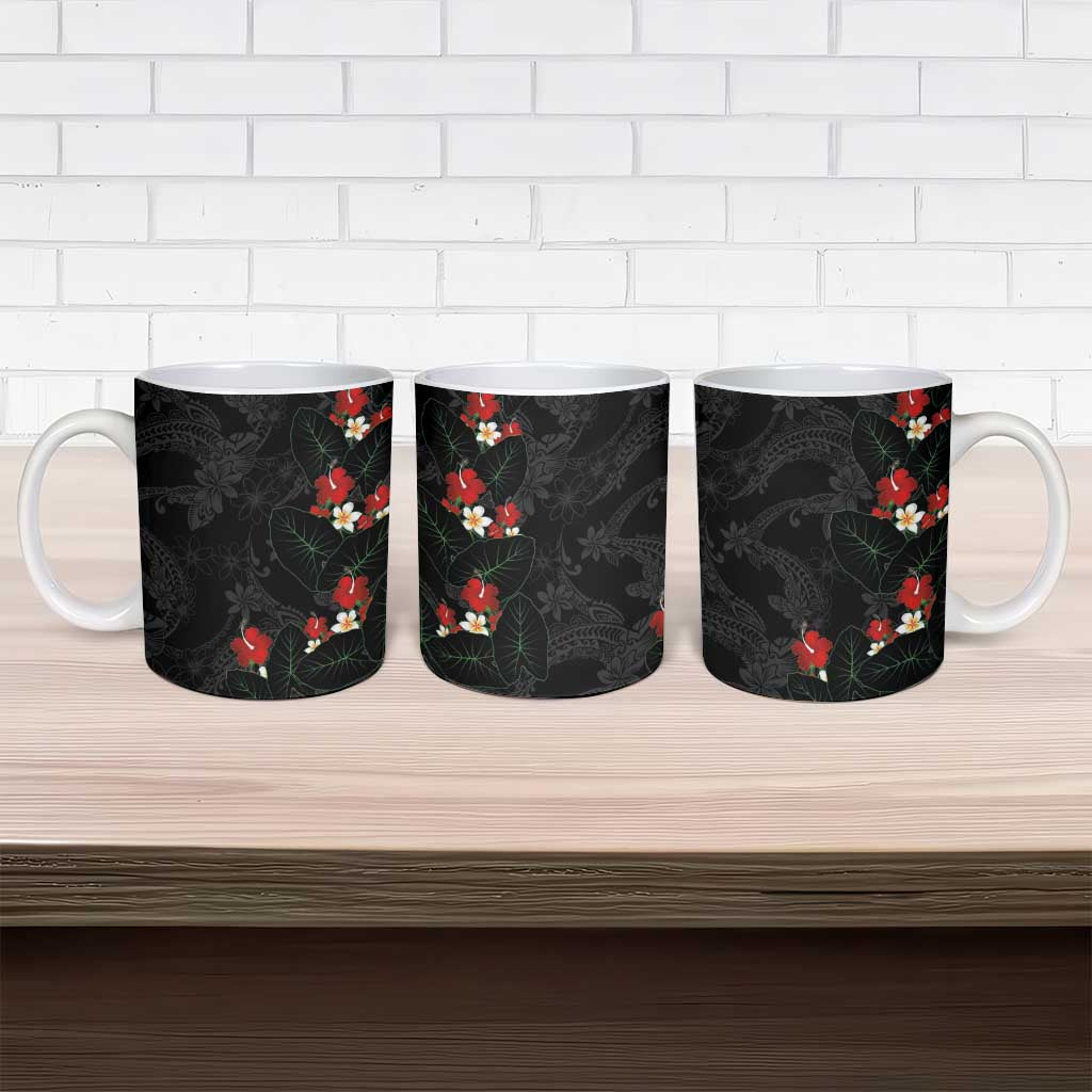 Hawaiian Taro Leaves-Hibiscus and Plumeria Ceramic Mug Floral Tribal Tattoo Motif LT03 - Polynesian Pride