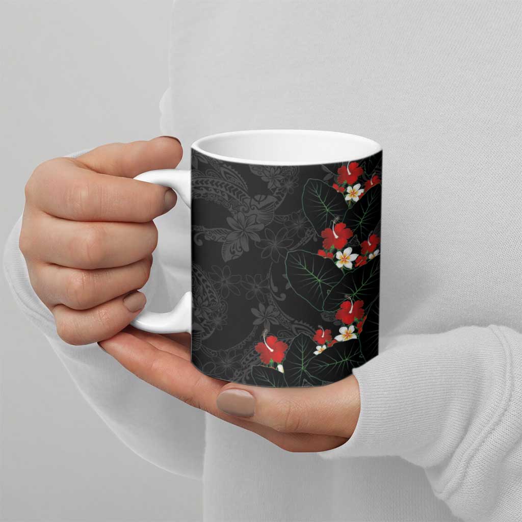 Hawaiian Taro Leaves-Hibiscus and Plumeria Ceramic Mug Floral Tribal Tattoo Motif LT03 - Polynesian Pride