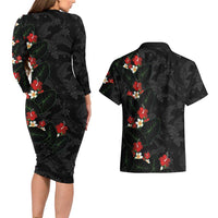 Hawaiian Taro Leaves-Hibiscus and Plumeria Couples Matching Long Sleeve Bodycon Dress and Hawaiian Shirt Floral Tribal Tattoo Motif