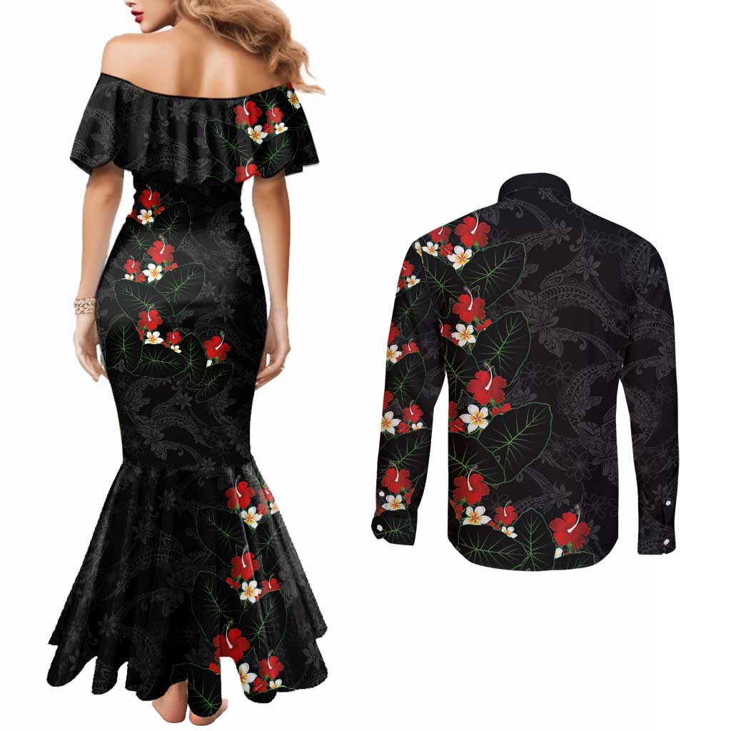 Hawaiian Taro Leaves-Hibiscus and Plumeria Couples Matching Mermaid Dress and Long Sleeve Button Shirt Floral Tribal Tattoo Motif
