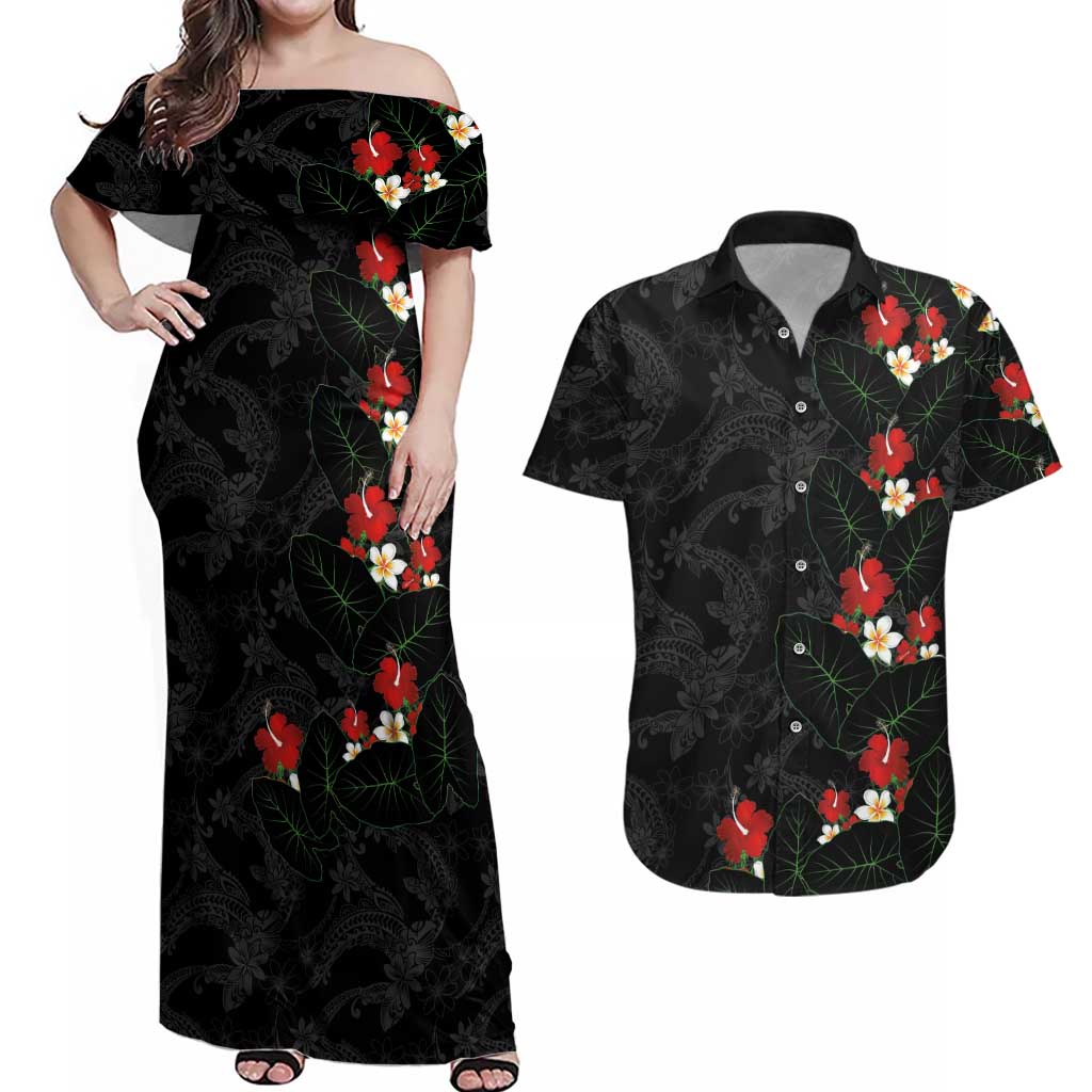 Hawaiian Taro Leaves-Hibiscus and Plumeria Couples Matching Off Shoulder Maxi Dress and Hawaiian Shirt Floral Tribal Tattoo Motif
