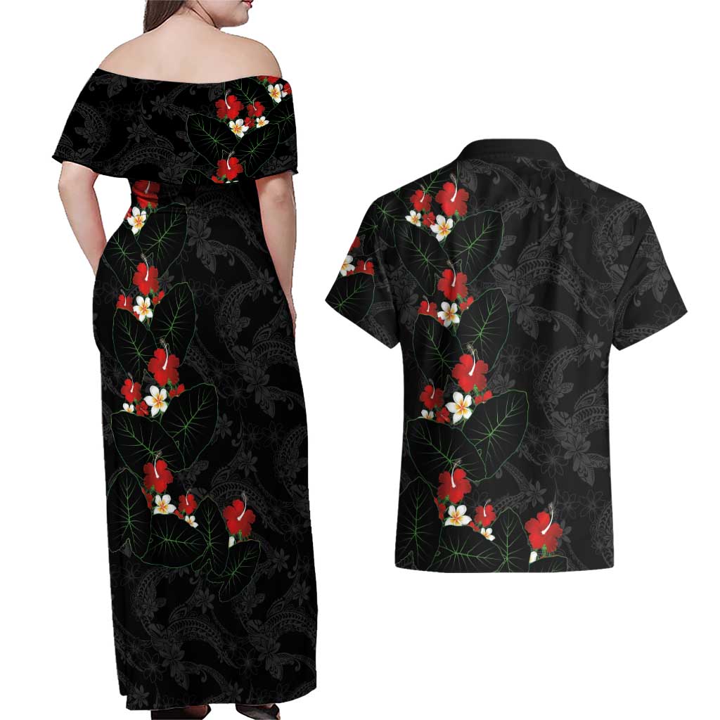 Hawaiian Taro Leaves-Hibiscus and Plumeria Couples Matching Off Shoulder Maxi Dress and Hawaiian Shirt Floral Tribal Tattoo Motif