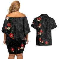 Hawaiian Taro Leaves-Hibiscus and Plumeria Couples Matching Off Shoulder Short Dress and Hawaiian Shirt Floral Tribal Tattoo Motif LT03 - Polynesian Pride