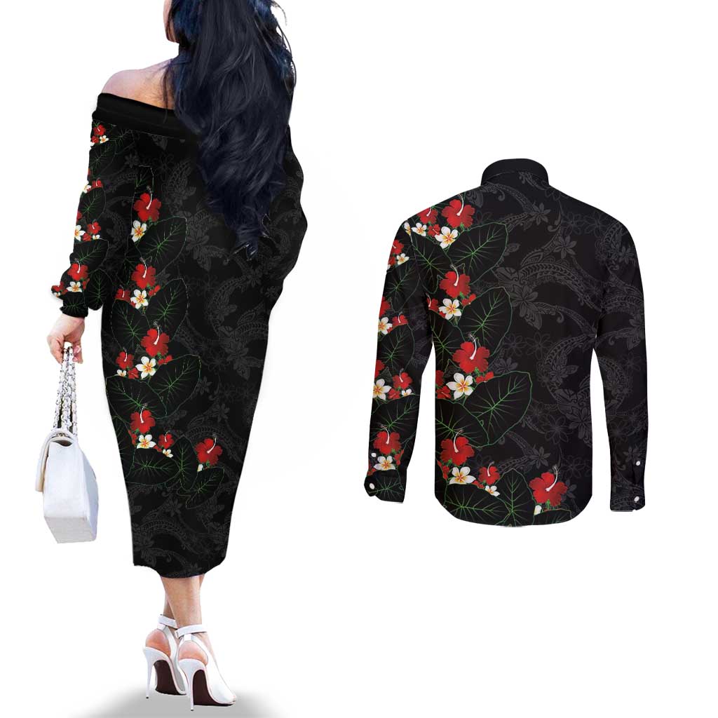 Hawaiian Taro Leaves-Hibiscus and Plumeria Couples Matching Off The Shoulder Long Sleeve Dress and Long Sleeve Button Shirt Floral Tribal Tattoo Motif