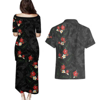 Hawaiian Taro Leaves-Hibiscus and Plumeria Couples Matching Puletasi and Hawaiian Shirt Floral Tribal Tattoo Motif