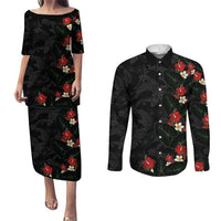 Hawaiian Taro Leaves-Hibiscus and Plumeria Couples Matching Puletasi and Long Sleeve Button Shirt Floral Tribal Tattoo Motif