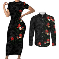 Hawaiian Taro Leaves-Hibiscus and Plumeria Couples Matching Short Sleeve Bodycon Dress and Long Sleeve Button Shirt Floral Tribal Tattoo Motif