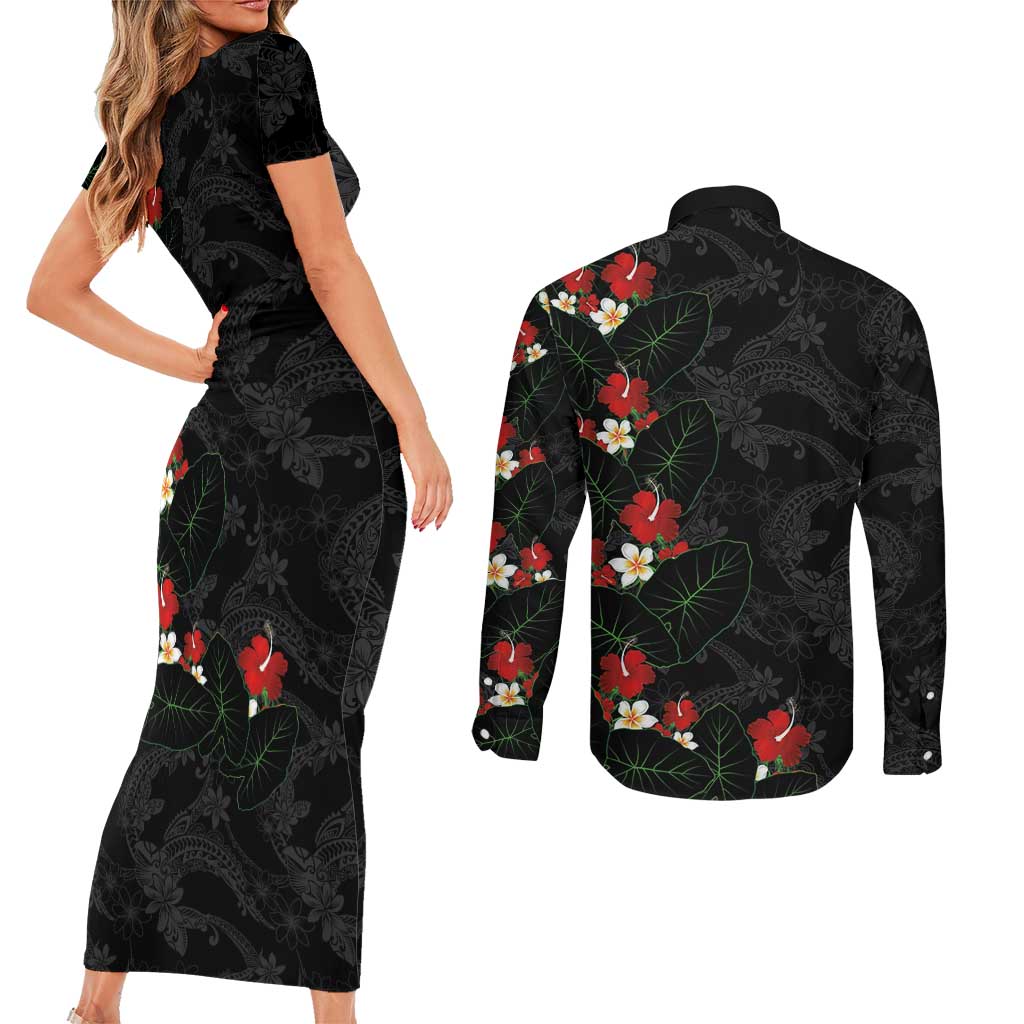 Hawaiian Taro Leaves-Hibiscus and Plumeria Couples Matching Short Sleeve Bodycon Dress and Long Sleeve Button Shirt Floral Tribal Tattoo Motif