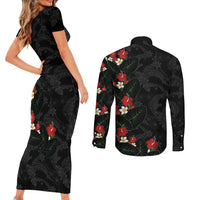 Hawaiian Taro Leaves-Hibiscus and Plumeria Couples Matching Short Sleeve Bodycon Dress and Long Sleeve Button Shirt Floral Tribal Tattoo Motif