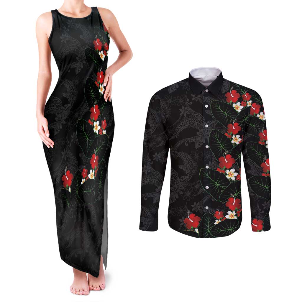 Hawaiian Taro Leaves-Hibiscus and Plumeria Couples Matching Tank Maxi Dress and Long Sleeve Button Shirt Floral Tribal Tattoo Motif