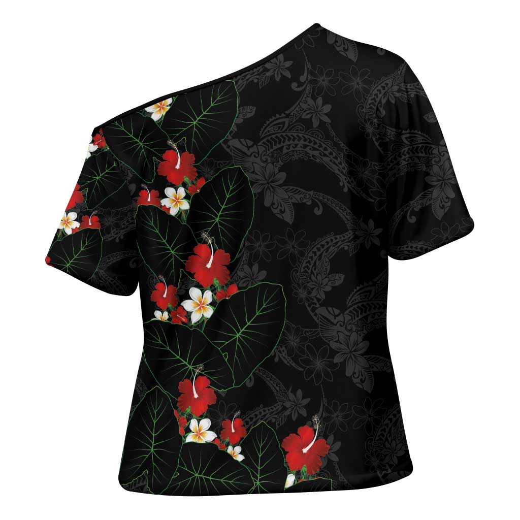 Hawaiian Taro Leaves-Hibiscus and Plumeria Cross Shoulder Shirt Floral Tribal Tattoo Motif