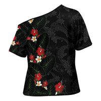 Hawaiian Taro Leaves-Hibiscus and Plumeria Cross Shoulder Shirt Floral Tribal Tattoo Motif