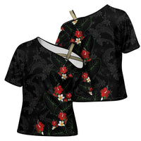 Hawaiian Taro Leaves-Hibiscus and Plumeria Cross Shoulder Shirt Floral Tribal Tattoo Motif