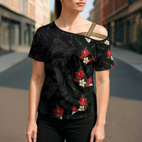 Hawaiian Taro Leaves-Hibiscus and Plumeria Cross Shoulder Shirt Floral Tribal Tattoo Motif