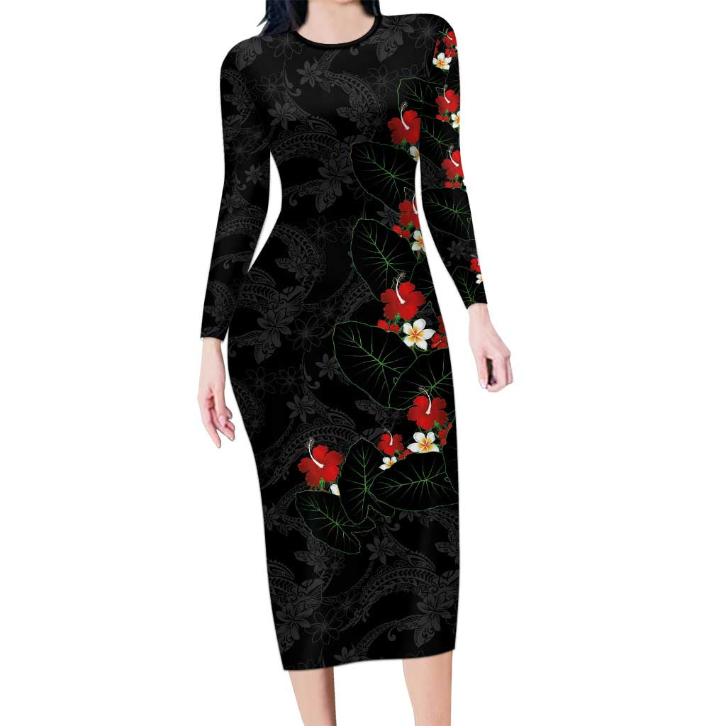 Hawaiian Taro Leaves-Hibiscus and Plumeria Family Matching Long Sleeve Bodycon Dress and Hawaiian Shirt Floral Tribal Tattoo Motif