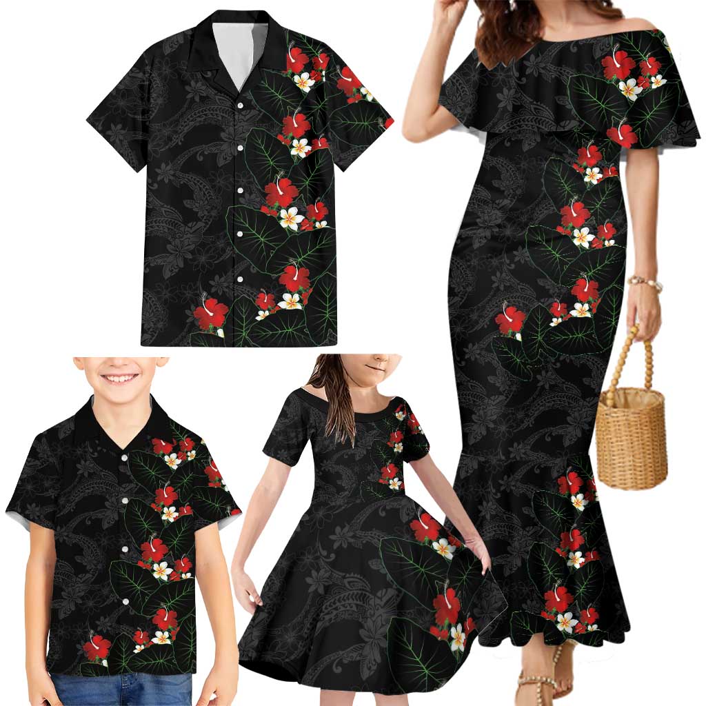 Hawaiian Taro Leaves-Hibiscus and Plumeria Family Matching Mermaid Dress and Hawaiian Shirt Floral Tribal Tattoo Motif LT03 - Polynesian Pride