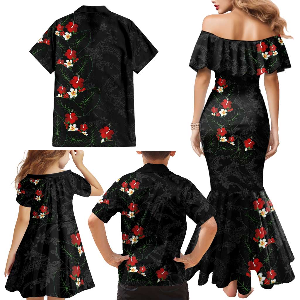 Hawaiian Taro Leaves-Hibiscus and Plumeria Family Matching Mermaid Dress and Hawaiian Shirt Floral Tribal Tattoo Motif LT03 - Polynesian Pride