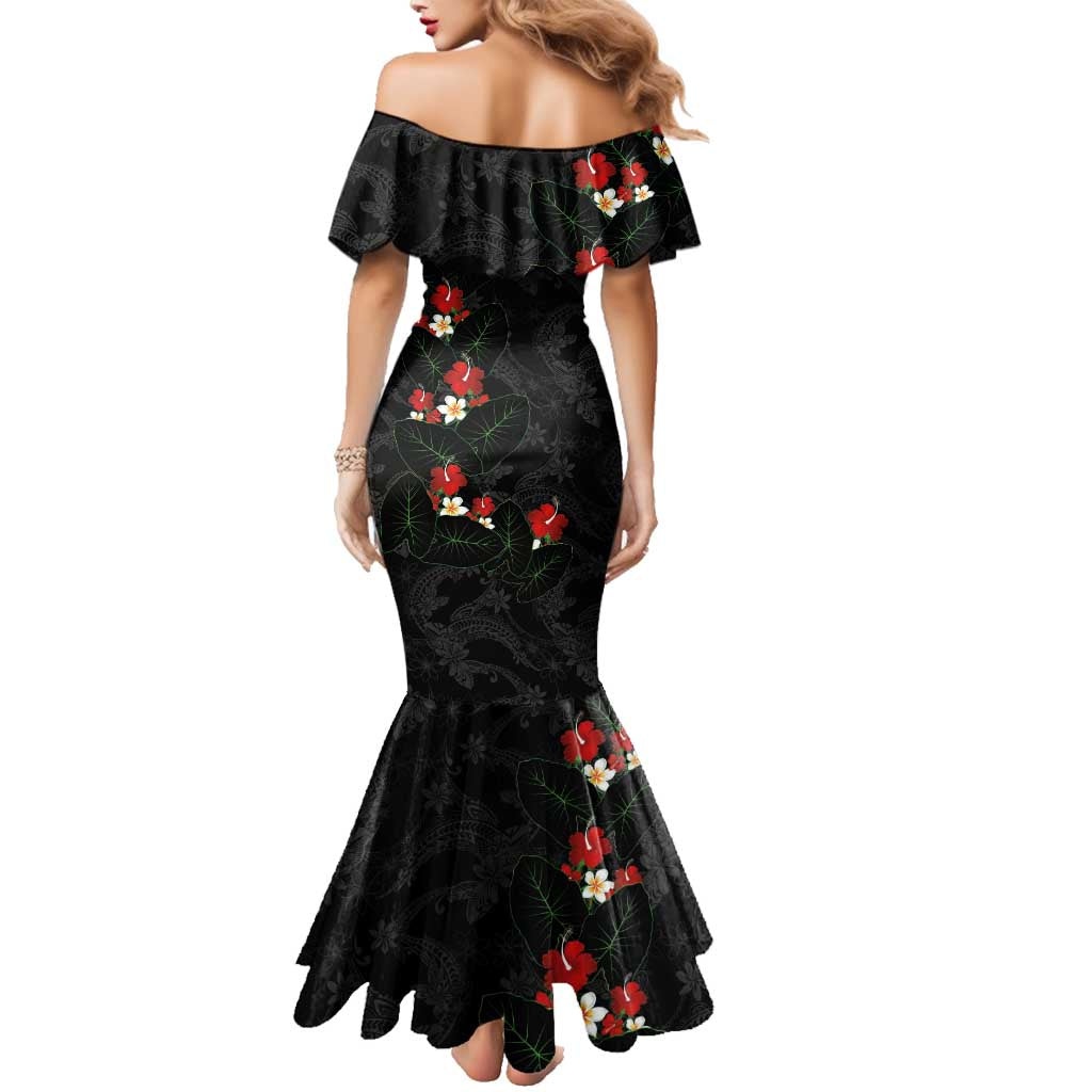 Hawaiian Taro Leaves-Hibiscus and Plumeria Family Matching Mermaid Dress and Hawaiian Shirt Floral Tribal Tattoo Motif LT03 - Polynesian Pride