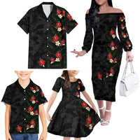 Hawaiian Taro Leaves-Hibiscus and Plumeria Family Matching Off The Shoulder Long Sleeve Dress and Hawaiian Shirt Floral Tribal Tattoo Motif LT03 - Polynesian Pride