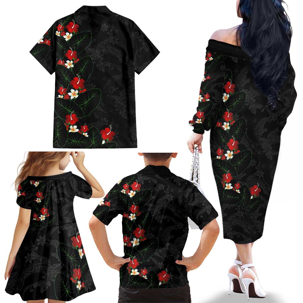 Hawaiian Taro Leaves-Hibiscus and Plumeria Family Matching Off The Shoulder Long Sleeve Dress and Hawaiian Shirt Floral Tribal Tattoo Motif LT03 - Polynesian Pride