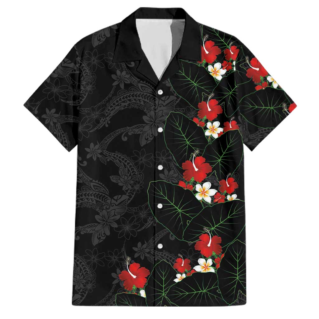 Hawaiian Taro Leaves-Hibiscus and Plumeria Family Matching Off The Shoulder Long Sleeve Dress and Hawaiian Shirt Floral Tribal Tattoo Motif LT03 Dad's Shirt - Short Sleeve Black - Polynesian Pride
