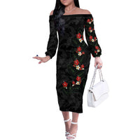Hawaiian Taro Leaves-Hibiscus and Plumeria Family Matching Off The Shoulder Long Sleeve Dress and Hawaiian Shirt Floral Tribal Tattoo Motif LT03 Mom's Dress Black - Polynesian Pride