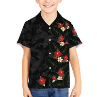 Hawaiian Taro Leaves-Hibiscus and Plumeria Family Matching Off The Shoulder Long Sleeve Dress and Hawaiian Shirt Floral Tribal Tattoo Motif LT03 Son's Shirt Black - Polynesian Pride