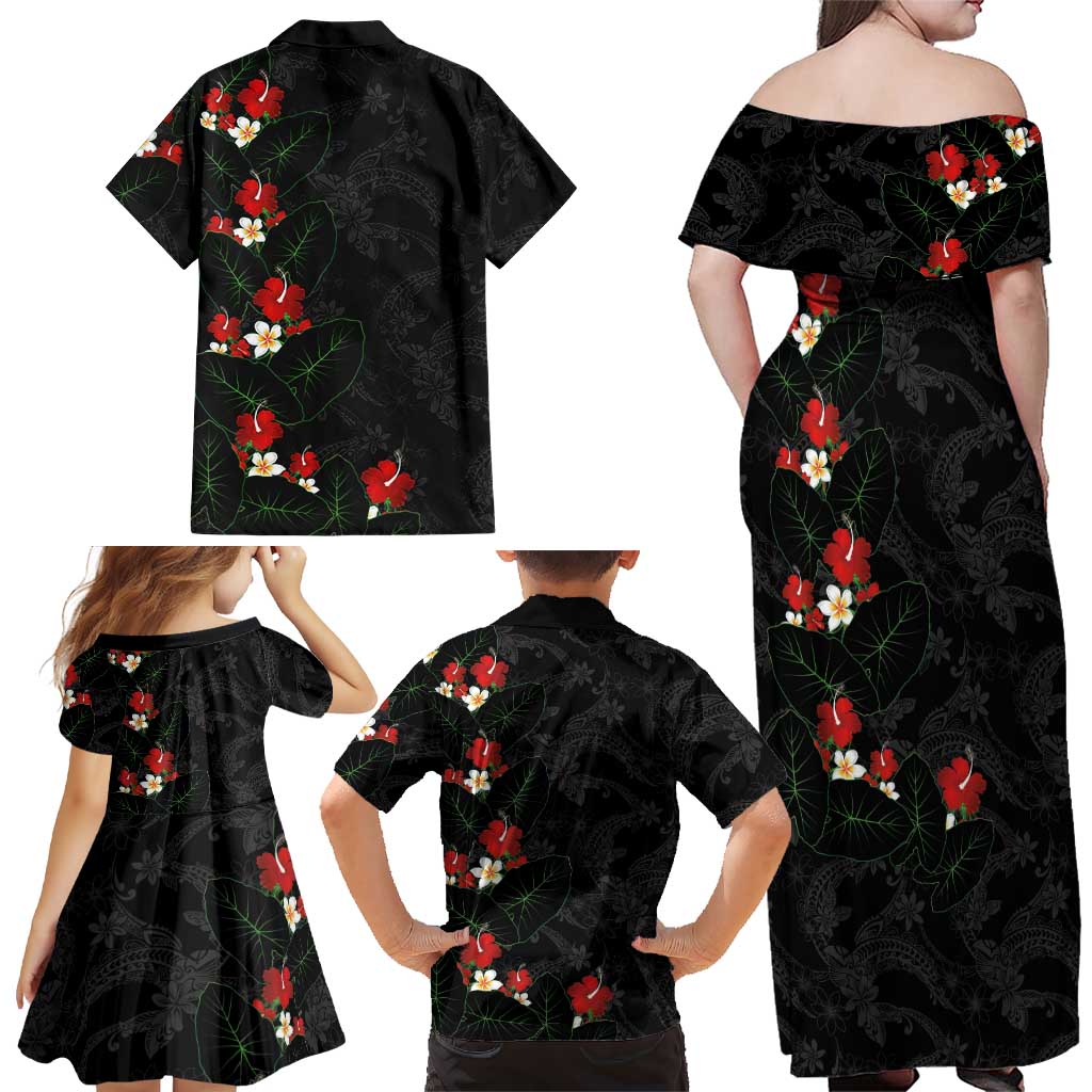 Hawaiian Taro Leaves-Hibiscus and Plumeria Family Matching Off Shoulder Maxi Dress and Hawaiian Shirt Floral Tribal Tattoo Motif