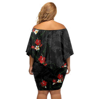 Hawaiian Taro Leaves-Hibiscus and Plumeria Family Matching Off Shoulder Short Dress and Hawaiian Shirt Floral Tribal Tattoo Motif