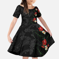 Hawaiian Taro Leaves-Hibiscus and Plumeria Family Matching Puletasi and Hawaiian Shirt Floral Tribal Tattoo Motif LT03 Daughter's Dress Black - Polynesian Pride