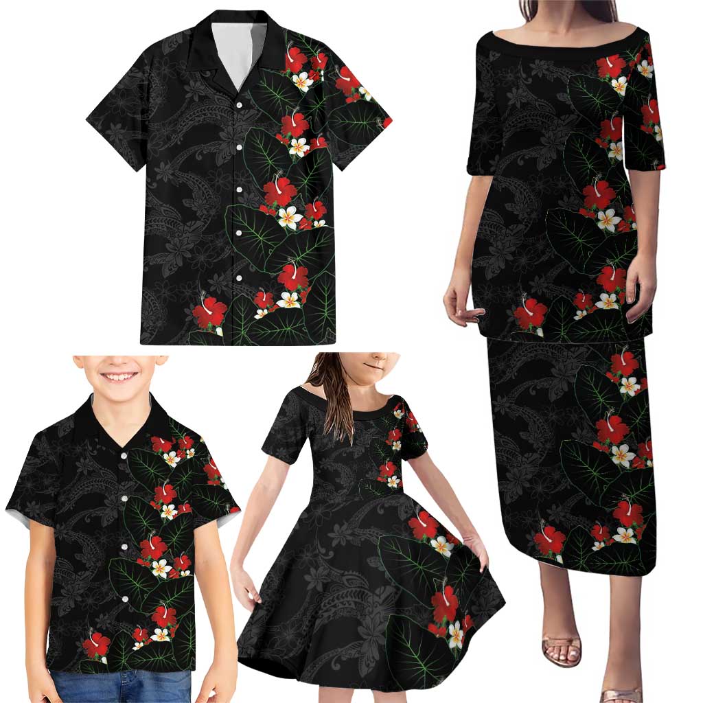 Hawaiian Taro Leaves-Hibiscus and Plumeria Family Matching Puletasi and Hawaiian Shirt Floral Tribal Tattoo Motif LT03 - Polynesian Pride